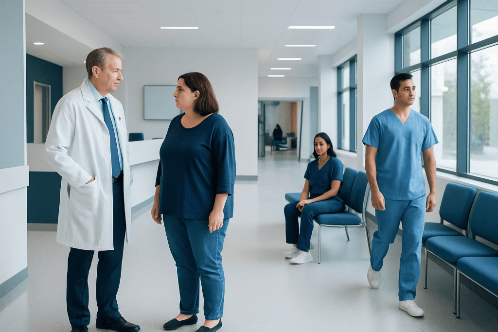 Vitamin Deficiencies After Gastric Sleeve: Blood Tests and Supplement Planning 1 Doctor consulting a patient in a hospital corridor with medical staff nearby.