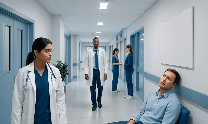 Medical team in hospital corridor with patient in waiting area.