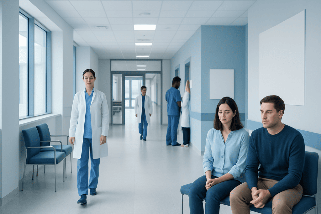 Recurrent Implantation Failure in IVF: Possible Causes and Next Tests 1 Medical professionals and patients in a modern hospital corridor.