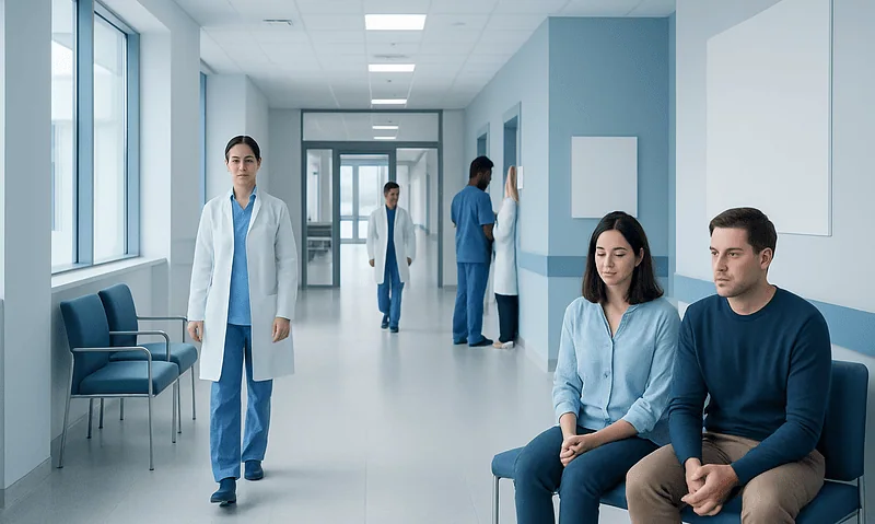 Medical professionals and patients in a modern hospital corridor.