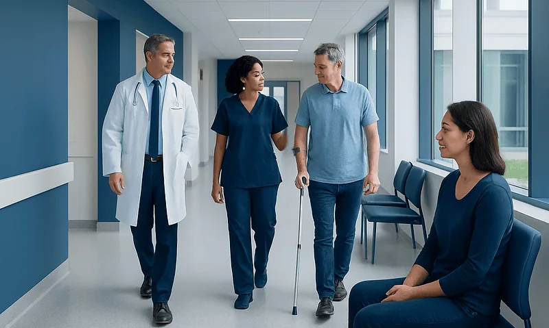 Medical team assisting a patient in a hospital corridor.