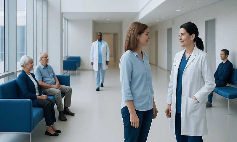 Patient talking to doctor in hospital corridor with elderly patients nearby.