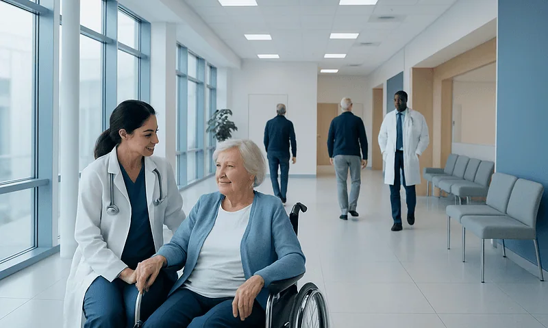 Senior woman in wheelchair with healthcare professional in hospital corridor.
