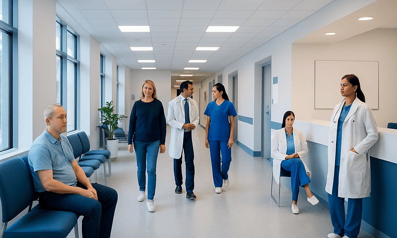 Medical team discussing patient care in hospital corridor.
