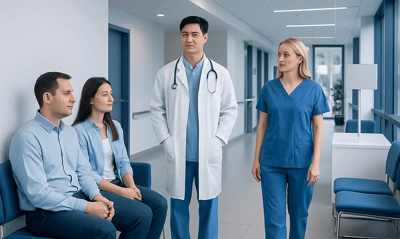 Medical team in hospital corridor with doctor and nurses in blue scrubs.
