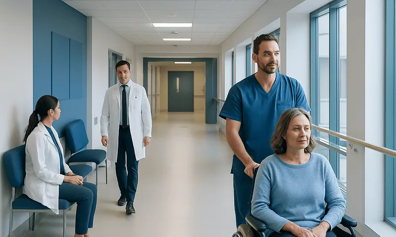 Healthcare professionals assisting a patient in a hospital corridor.