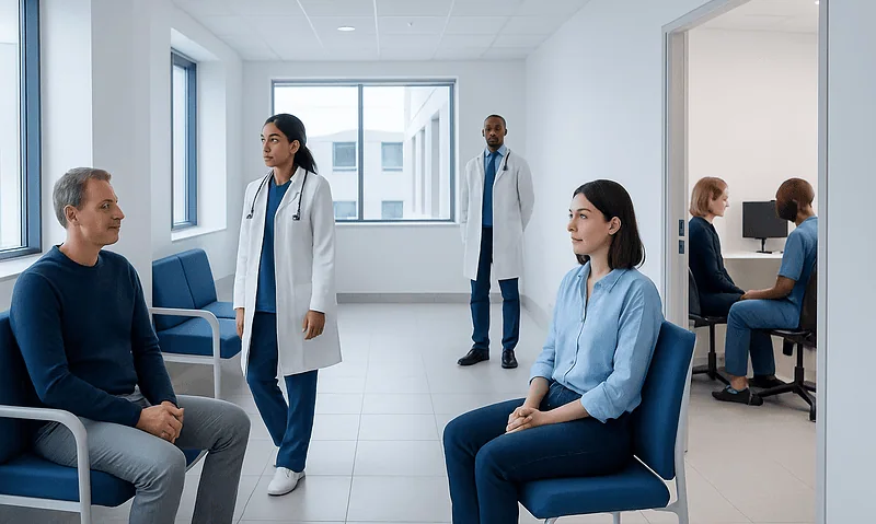 Medical professionals and patients in a hospital waiting area.