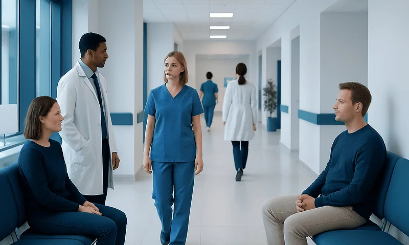 Medical professionals consulting patients in a hospital corridor.