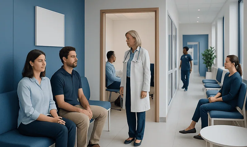 Patients waiting in a modern clinic corridor at Acibadem Hospitals Group.