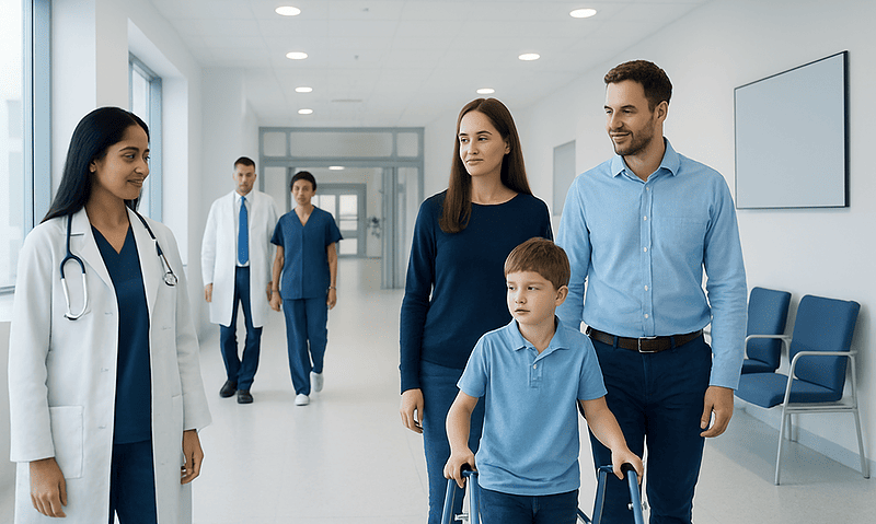 Pediatric Movement Disorders: Tics, Tremor, and Specialist Evaluation 13 Child with mobility aid visiting hospital with family and doctors.