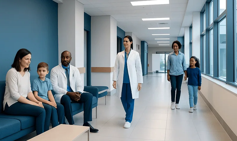 Healthcare professionals and patients in a hospital corridor.