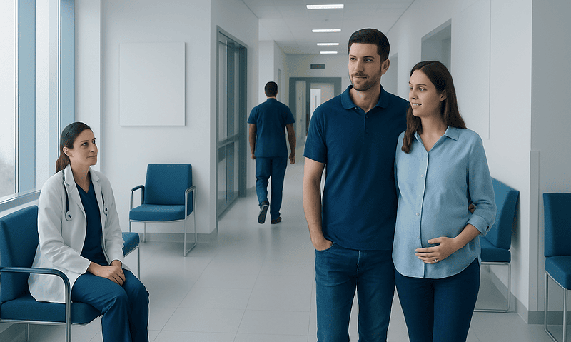 Happy couple in hospital corridor after IVF treatment consultation.