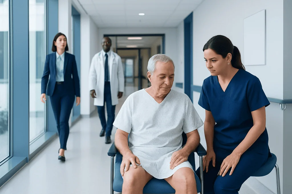 Leg Incision Care After Coronary Bypass Surgery: Vein Harvest Recovery 1 Patient in hospital gown with nurse in corridor after surgery.