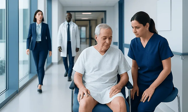 Patient in hospital gown with nurse in corridor after surgery.