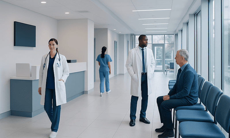 Medical professionals consulting with a patient in a modern hospital corridor.