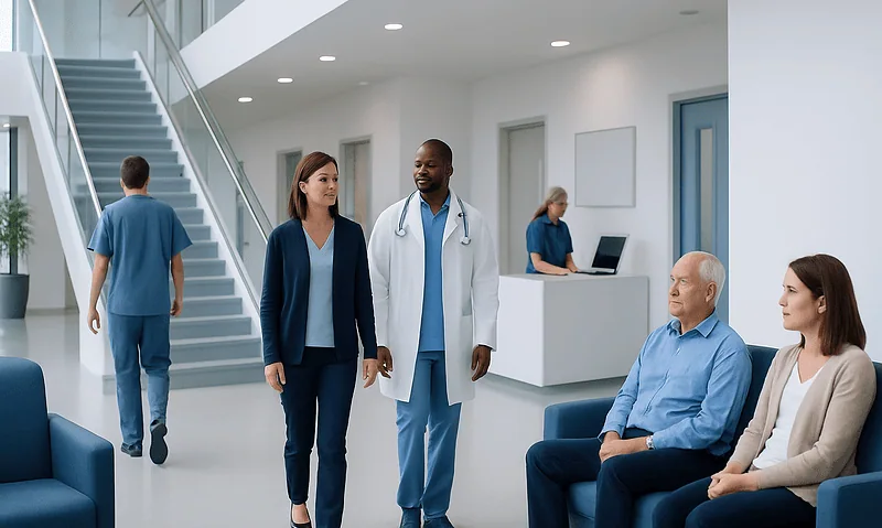 Medical team consulting with patients in a modern hospital lobby.