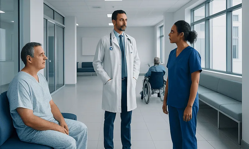 Doctor consulting with patient and nurse in hospital corridor.