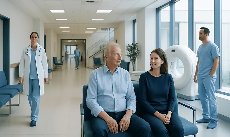 Patient undergoing cardiac imaging consultation at hospital.