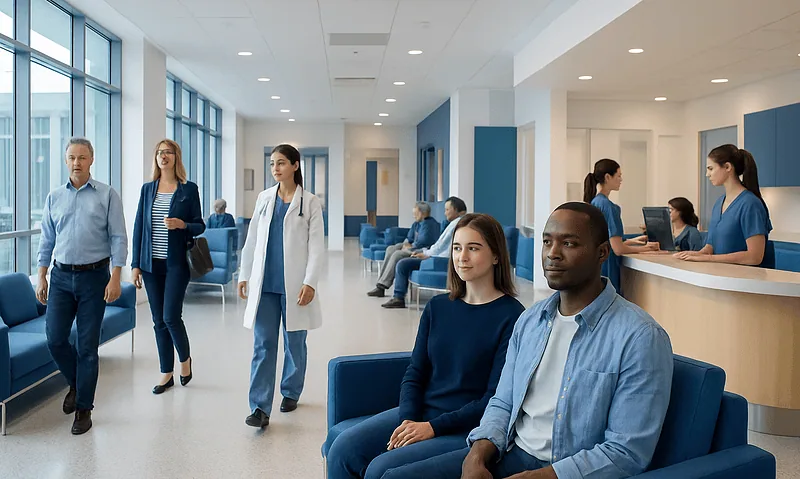 Modern hospital waiting area with patients and staff at Acibadem Hospitals Group.