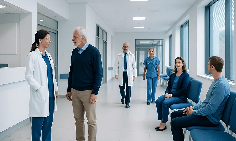 Patients and doctors in a hospital corridor during a consultation.