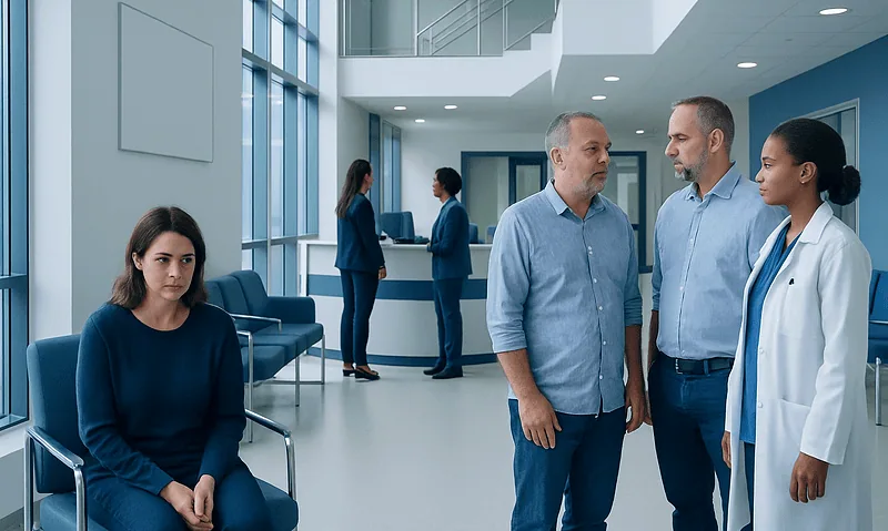 Patients and doctors in a modern IVF clinic waiting area.