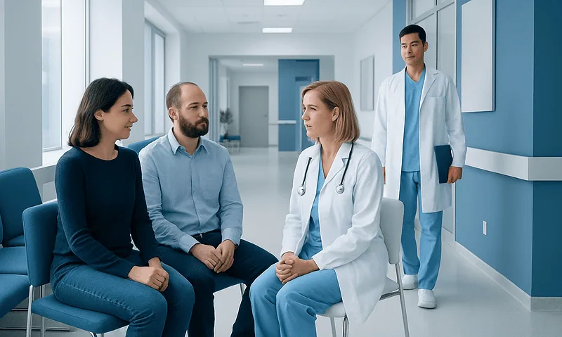 Medical consultation in a hospital corridor with doctor and patients.
