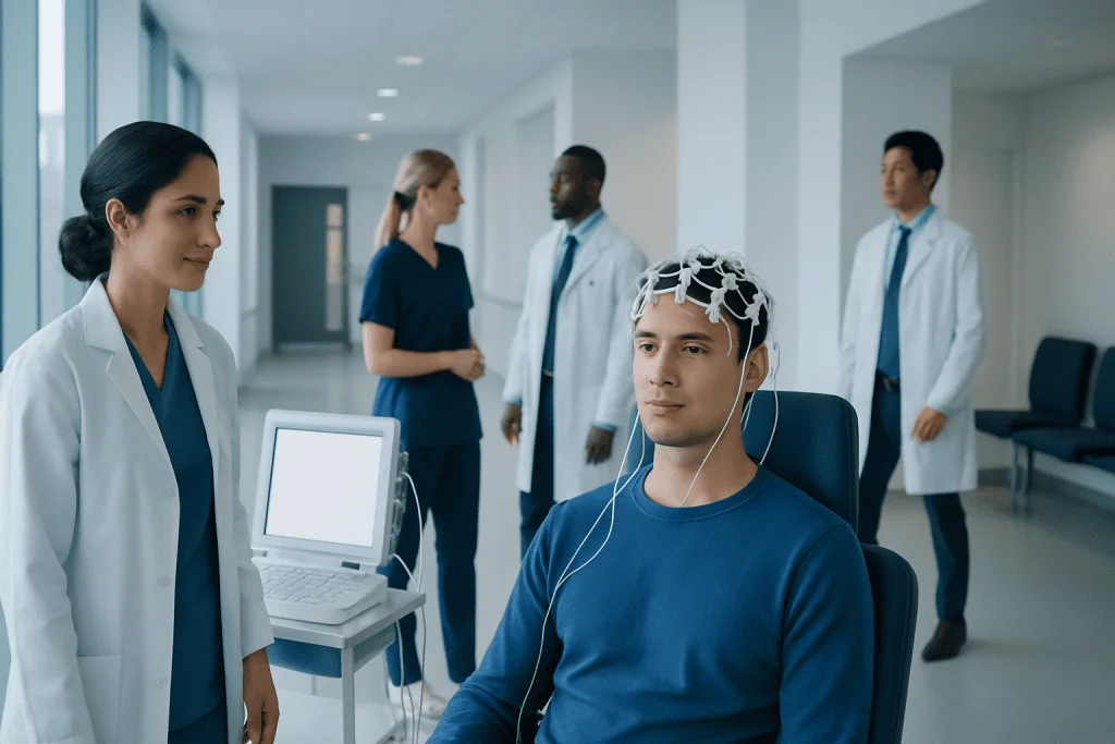 EEG Monitoring: When Long-Term Brain Wave Testing Is Needed 1 Patient undergoing EEG monitoring in a hospital setting with medical staff present.
