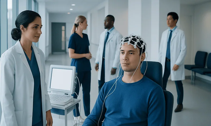 Patient undergoing EEG monitoring in a hospital setting with medical staff present.