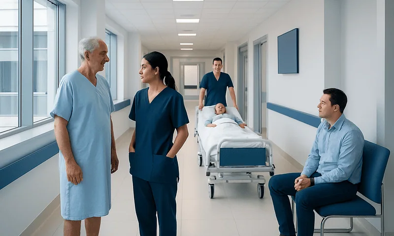 Hospital staff and patient in a modern hospital corridor.