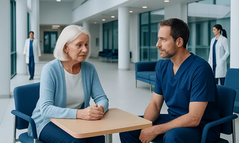 Elderly woman consulting with a healthcare professional in a modern hospital.