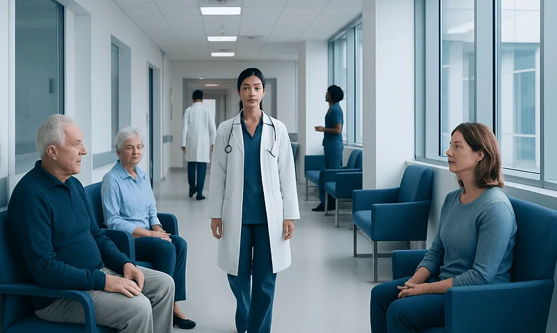 Medical consultation in a hospital corridor with doctor and elderly patients.
