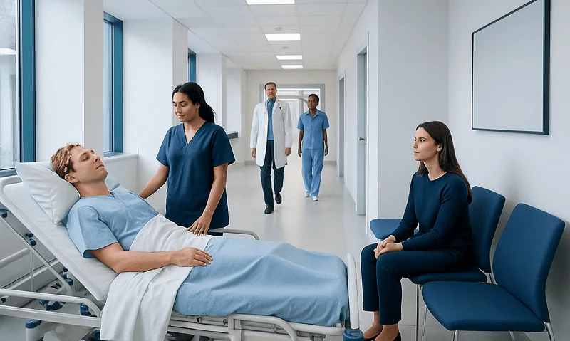 Patient in hospital bed with medical staff and visitors in corridor.