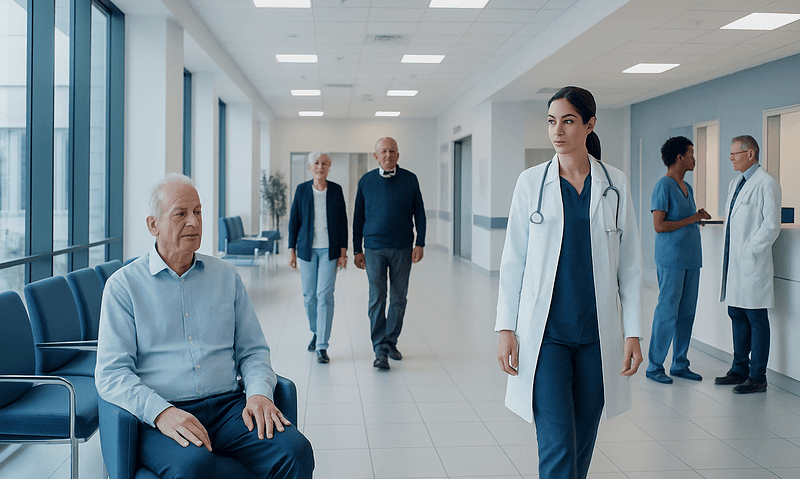 Medical team and patient in hospital corridor at Acibadem Hospitals Group.