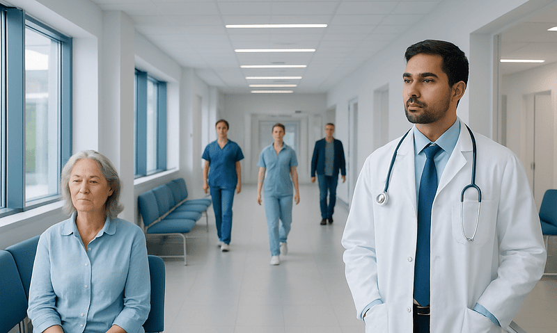 Doctor and patient in hospital corridor with medical staff in background.