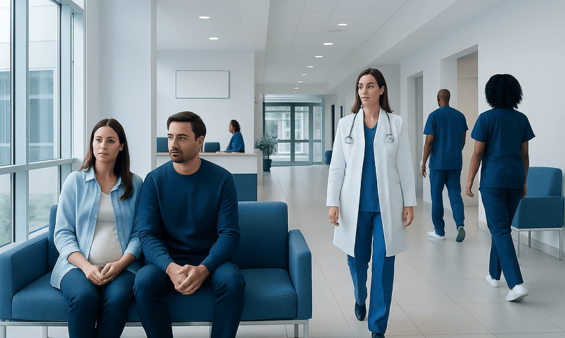 Patients waiting in a modern hospital corridor with medical staff nearby.