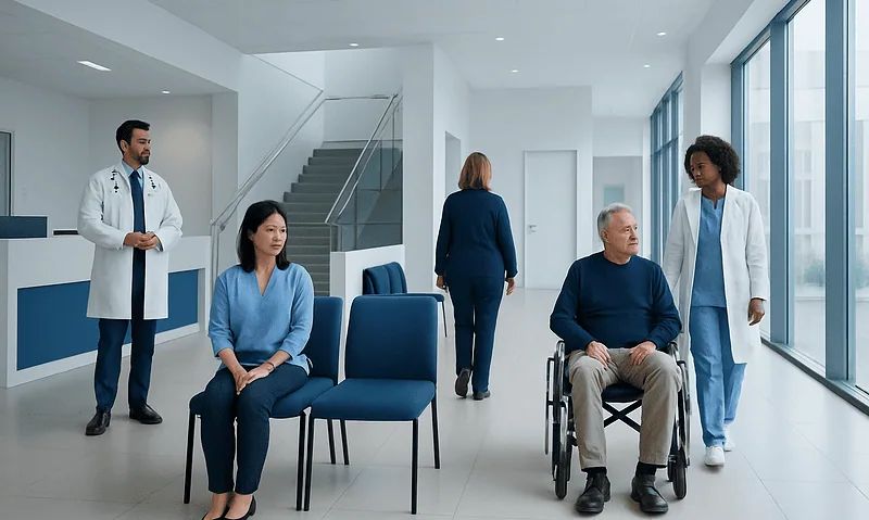 Hospital waiting area with medical staff and patients.