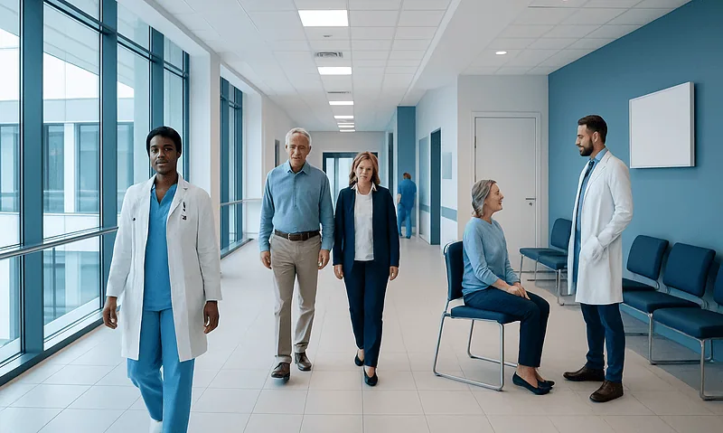 Medical professionals and patient in a hospital corridor with large windows.
