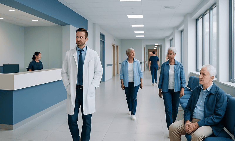 Medical staff and patients in a hospital corridor at Acibadem Hospitals Group.