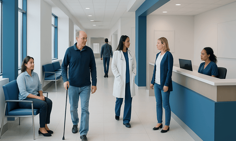 Patients and medical staff in a modern hospital corridor.