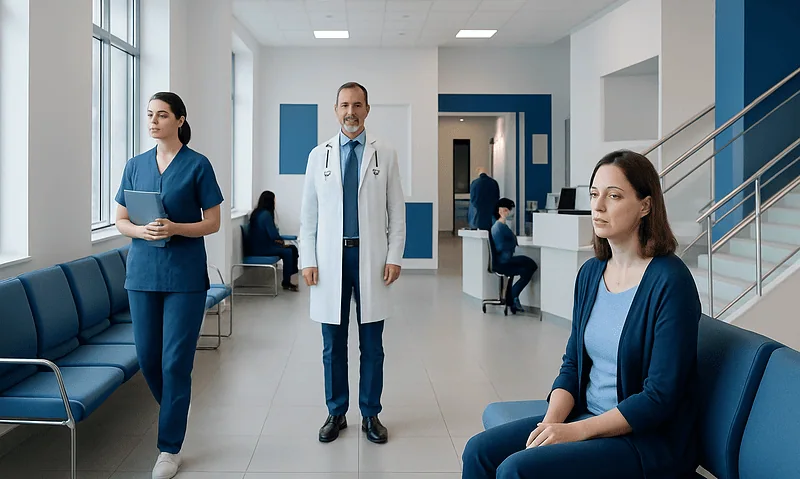 Medical staff and patients in a modern hospital waiting area.