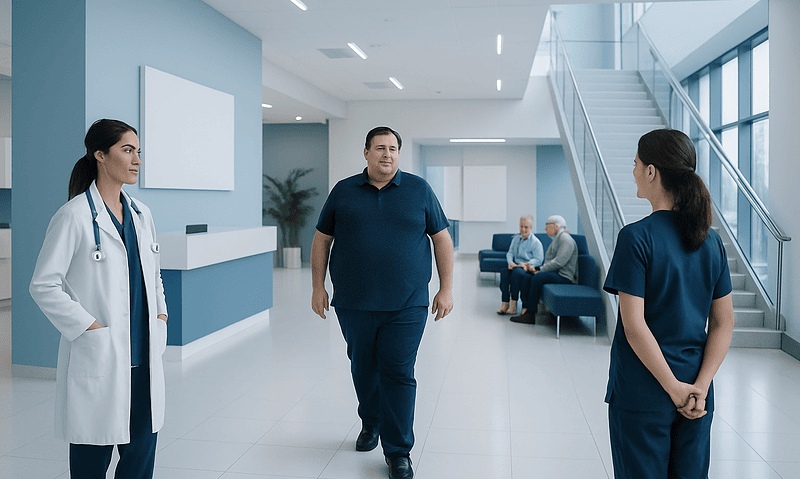 Patient walking in hospital corridor with medical staff and visitors.