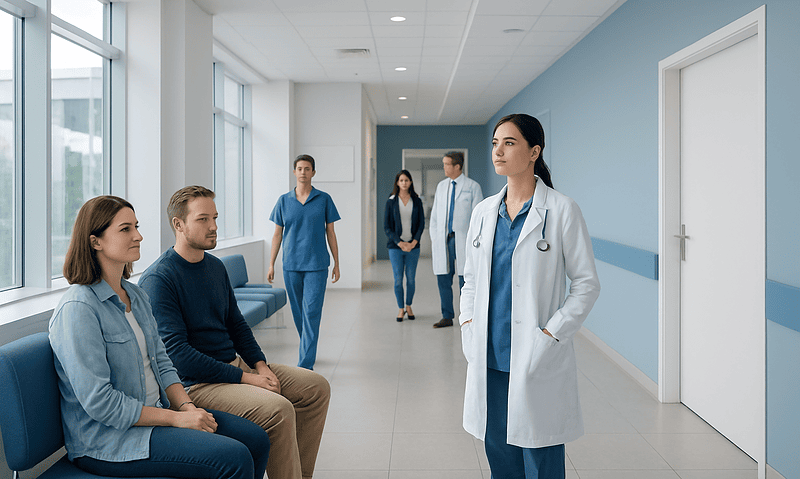 Medical consultation in a hospital corridor with healthcare professionals and patients.