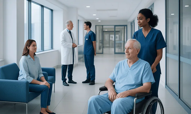 Hospital staff assisting a patient in a wheelchair in a modern hospital corridor.