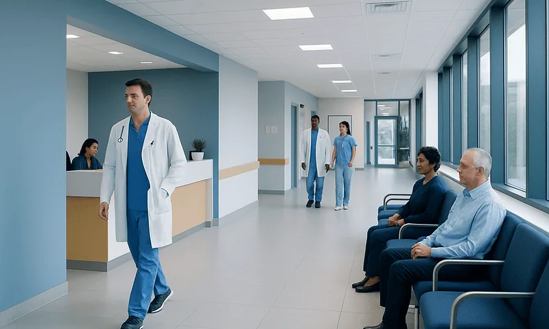 Hospital corridor with doctors and patients in a modern healthcare facility.