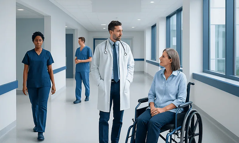 Medical team consulting a patient in a hospital corridor.