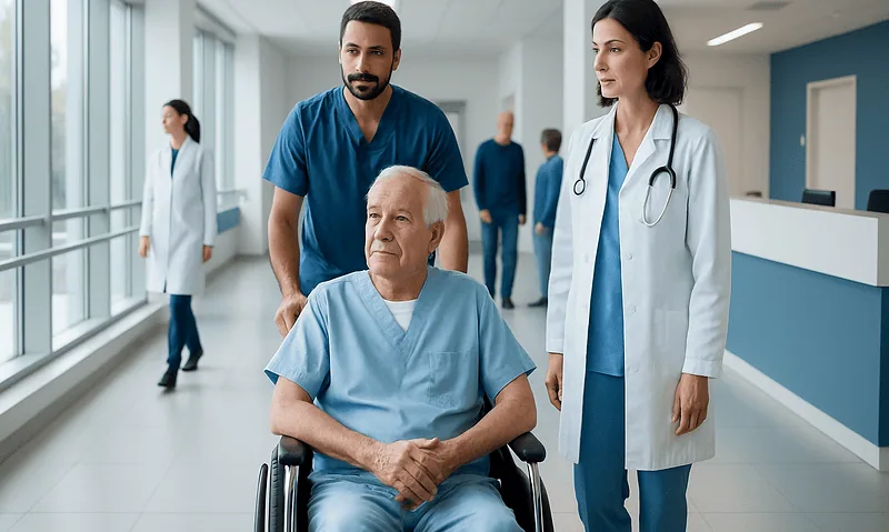 Senior patient in wheelchair with medical staff in hospital corridor.