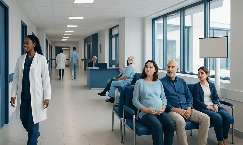 Patients waiting in a modern hospital corridor with medical staff nearby.