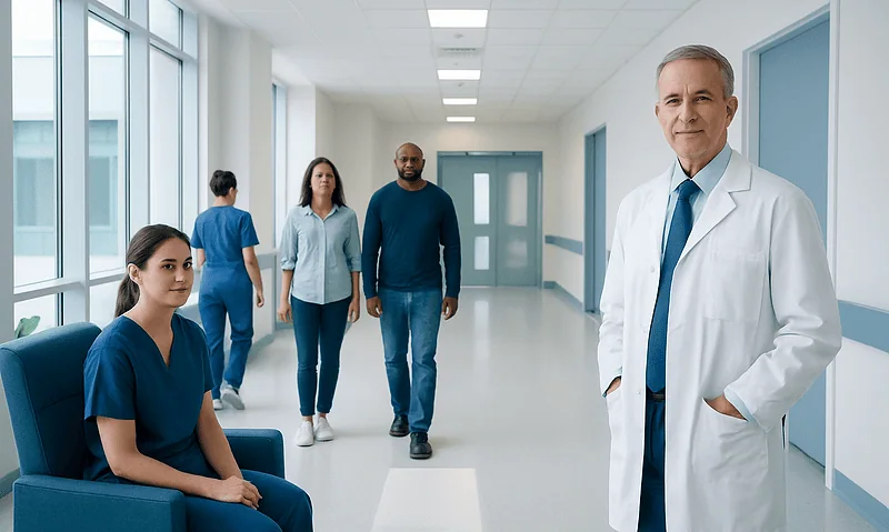 Medical team in hospital corridor with doctor and patients.