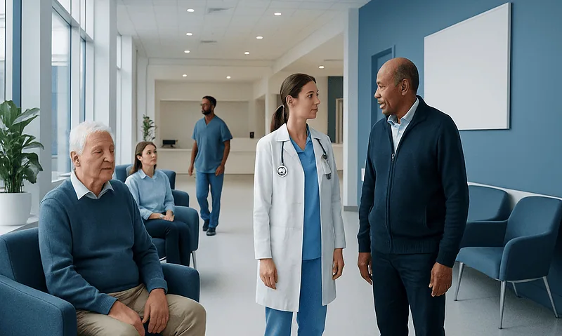 Medical team discussing patient care in hospital corridor.