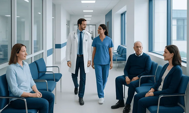 Medical team consulting with patients in hospital corridor.
